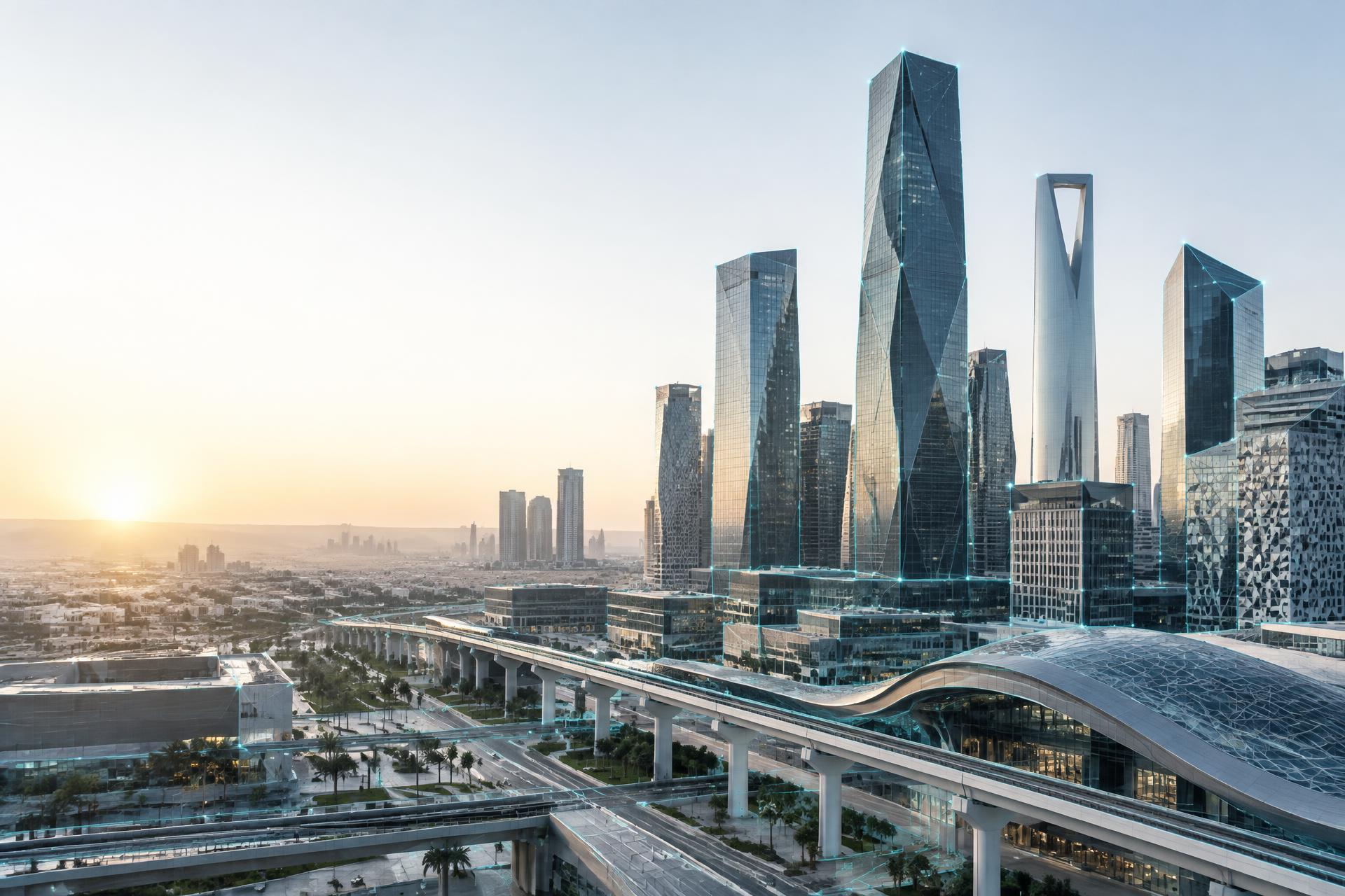 Connected modern infrastructure district representing Buildore's digital construction platform